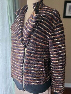 Striped Wool Blend Asymmetrical Zip Moto Sweater Jacket Chunky Knit Made USA XS